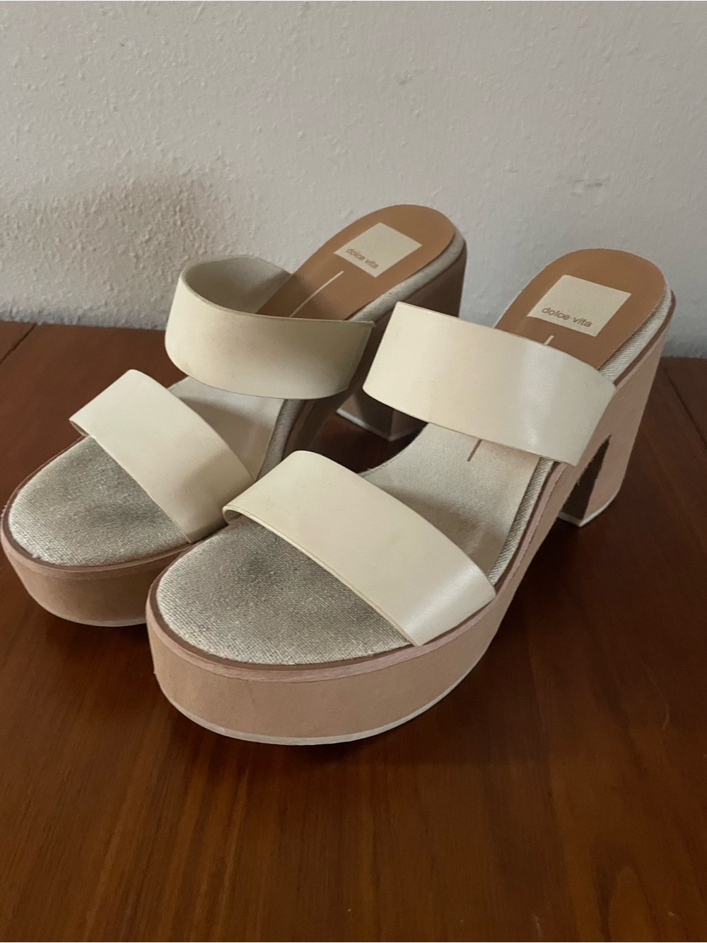 Dolce Vita Two-Strap Cream and Tan Platform Mules